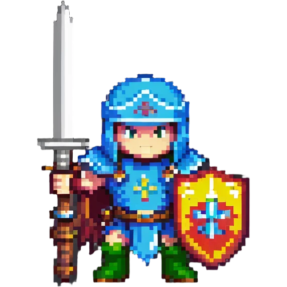 retro 8-bit hero with sword and shield emoji