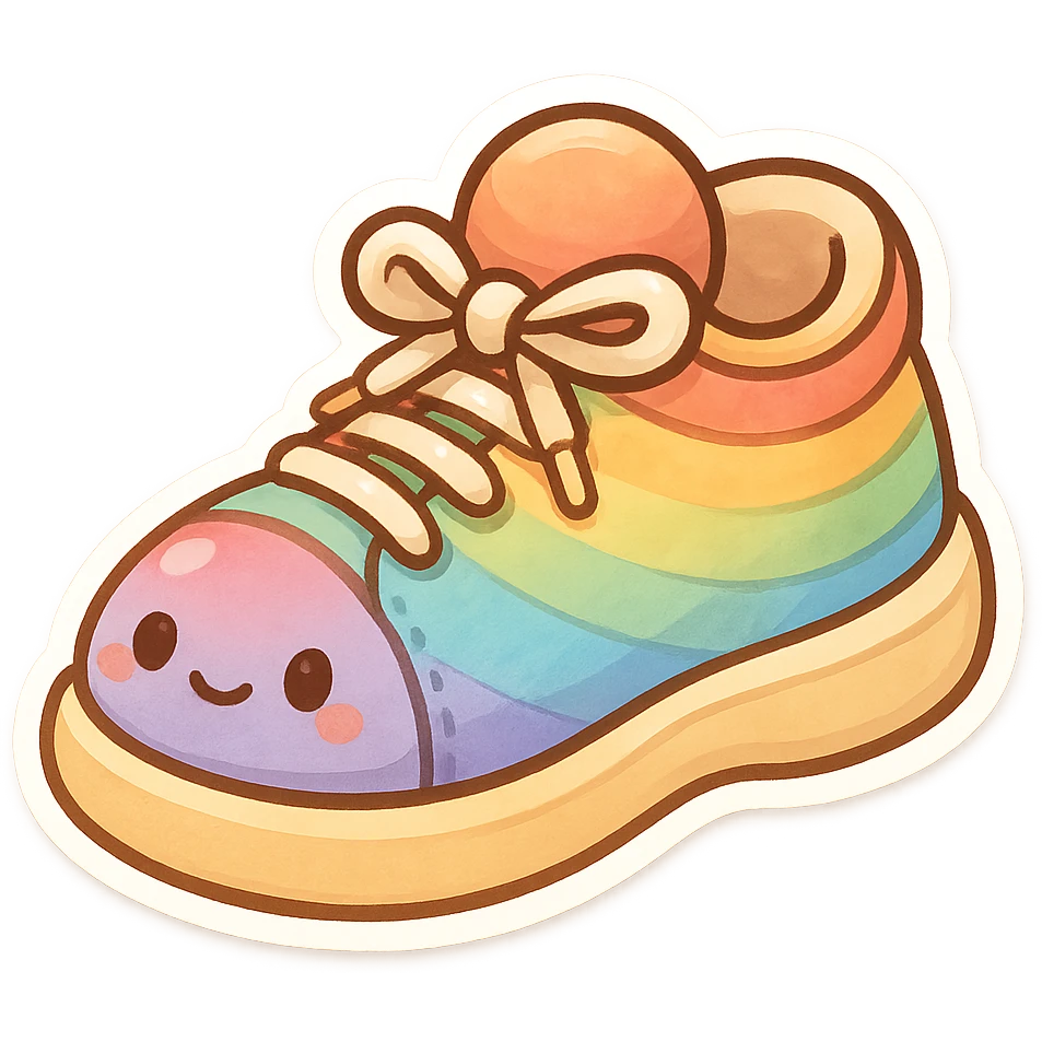chibi sticker-style rainbow sneaker, cute and exaggerated emoji
