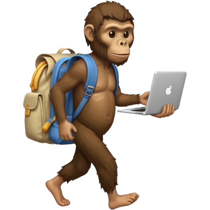 Draw an Australopithecus walking like a nomad, carrying a cloth bundle on its back, holding an iPhone in one hand and an open laptop with the screen visible in the other hand, in a cute flat iPhone emoji style. emoji