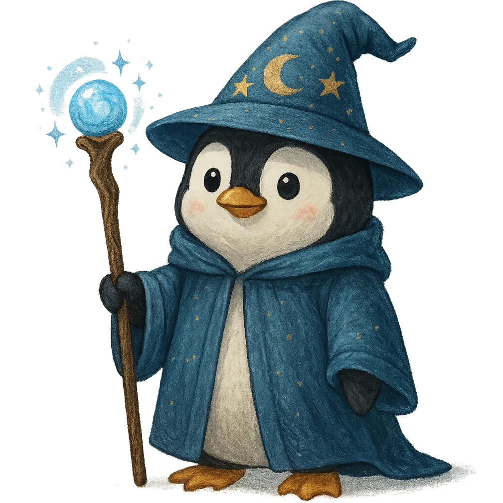 penguin wizard, magical staff, wearing a wizard hat emoji