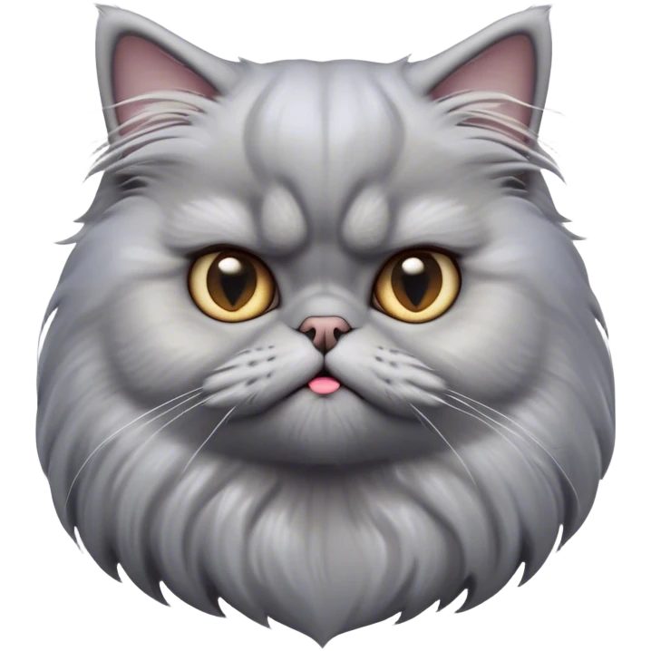 Cinematic Derpy grumpy comical Grey Persian Cat Portrait Emoji, Head tilted playfully with an adorably awkward expression, fluffy grey fur with soft silver undertones, Simplified yet hilariously derpy features, highly detailed, glowing with a warm but slightly confused glow, high shine, a mix of lazy and clueless, stylized with a touch of whimsy, bright but with a completely derpy and grumpy face, soft glowing outline, capturing the essence of a quirky yet chubby, grumpy kitty, so endearing it feels like it could stretch out of the screen and demand attention with its wonderfully derpy charm! emoji