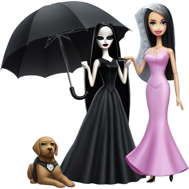 Funeral Barbie,teen Morticia Addams ,drying tears with handkerchief, show full body,accessories  gloves, funeral veil, holding umbrella  emoji