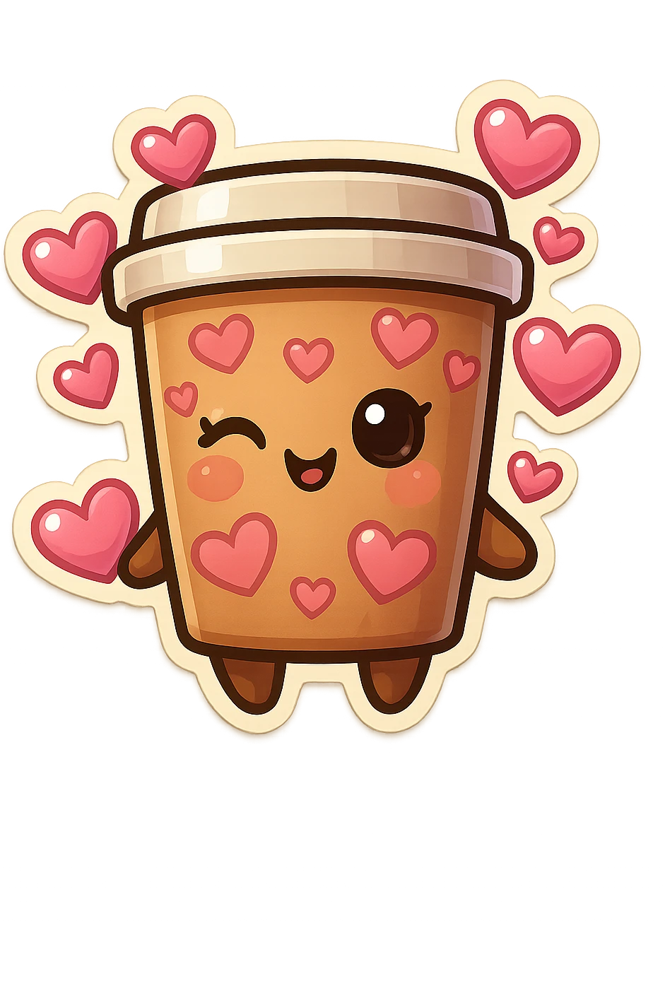 Tall coffee cup, flirty, covered in hearts emoji