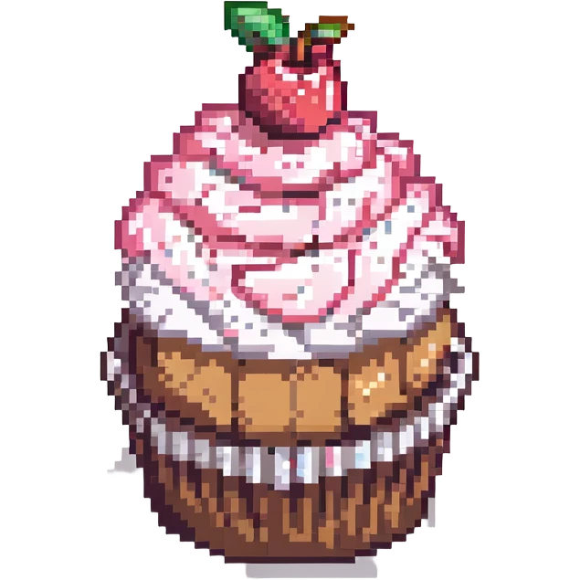 pixel art cupcake with pink icing and a cherry on top emoji