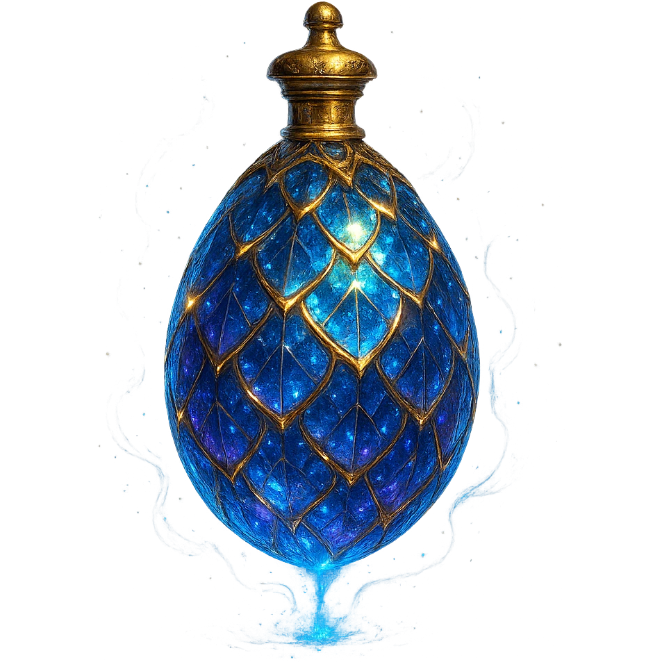 luxurious crystal elixir bottle in an oval shape resembling a dragon egg, with magical scale patterns on the surface, lots of glowing highlights, edges, and ornate golden details, magical effects, very small golden neck, transparent background, beautiful merging base, clearly hanging in the air without base or shadow, premium class impression, magical and mysterious design fitting a collection of crystal, luxurious, magical bottles emoji