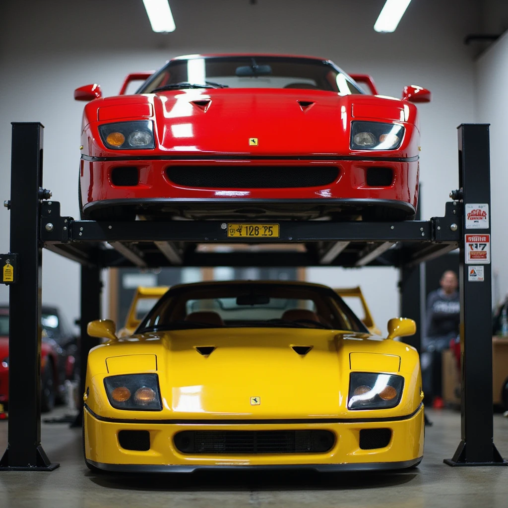 realistic front view of a Ferrari F40 on a car lift with a yellow Porsche GT3 RS below, sharp focus, transparent background emoji