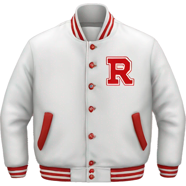 Red and white varsity jacket with a R emoji
