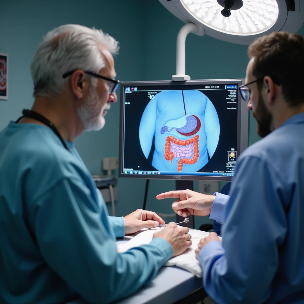 realistic clinical scene of a 50-year-old man undergoing colonoscopy, monitor showing a 5mm polyp removed with a snare, doctor pointing to early cancerous changes, hospital environment emoji