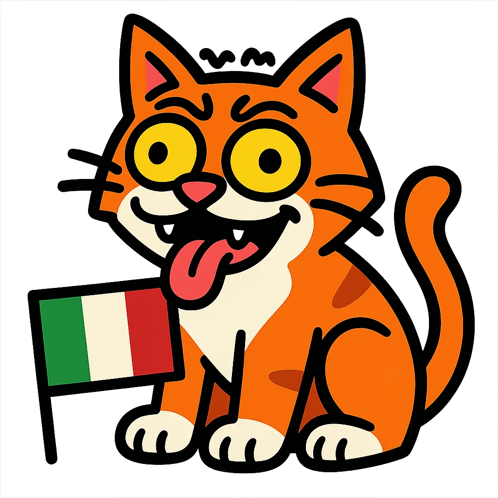 Italian cat with wild eyes and goofy expression, brainrot meme style, cartoonish emoji