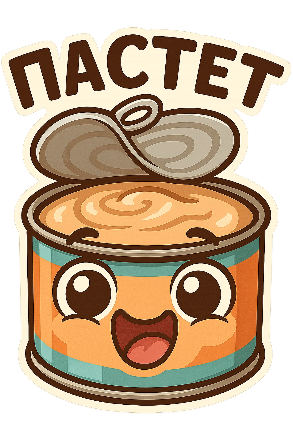 Funny chibi open pâté tin can, lid flipped open, creamy pâté visible, goofy smiling face, exaggerated big eyes, playful cartoon emoji style, thick outline, bright colors, Twitch chat emote, text "ПАСТЕТ" in Cyrillic abovee emoji