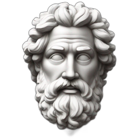 Imagine une statue grecque en marbre d'un homme avec des cheveux bouclés et une barbe. Représentation de la sagesse et du stoïcisme. emoji