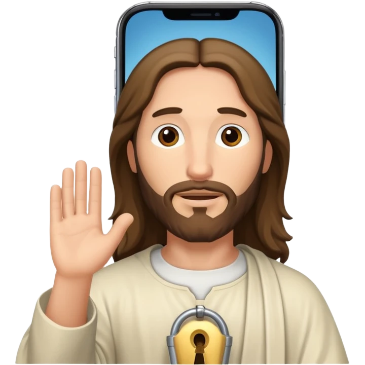 iPhone screen with a modern, friendly Jesus as the lock screen image emoji