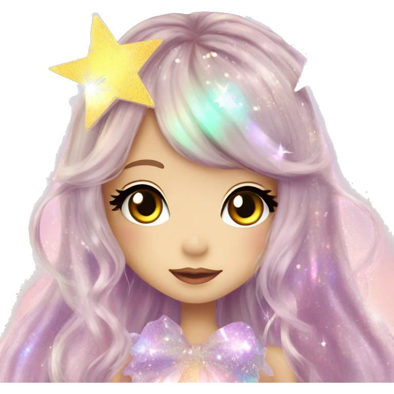 hime gyaru girl, iridescent fairy, glitter, sparkle, beautiful long hair, stars emoji