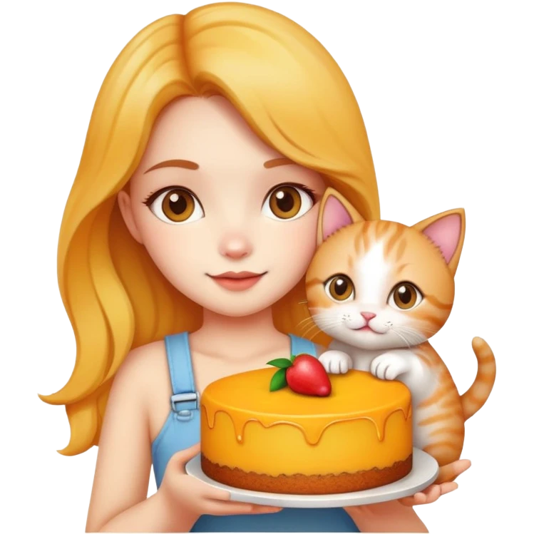Beautiful girl holding a big mango cake and a kitten in her hands emoji