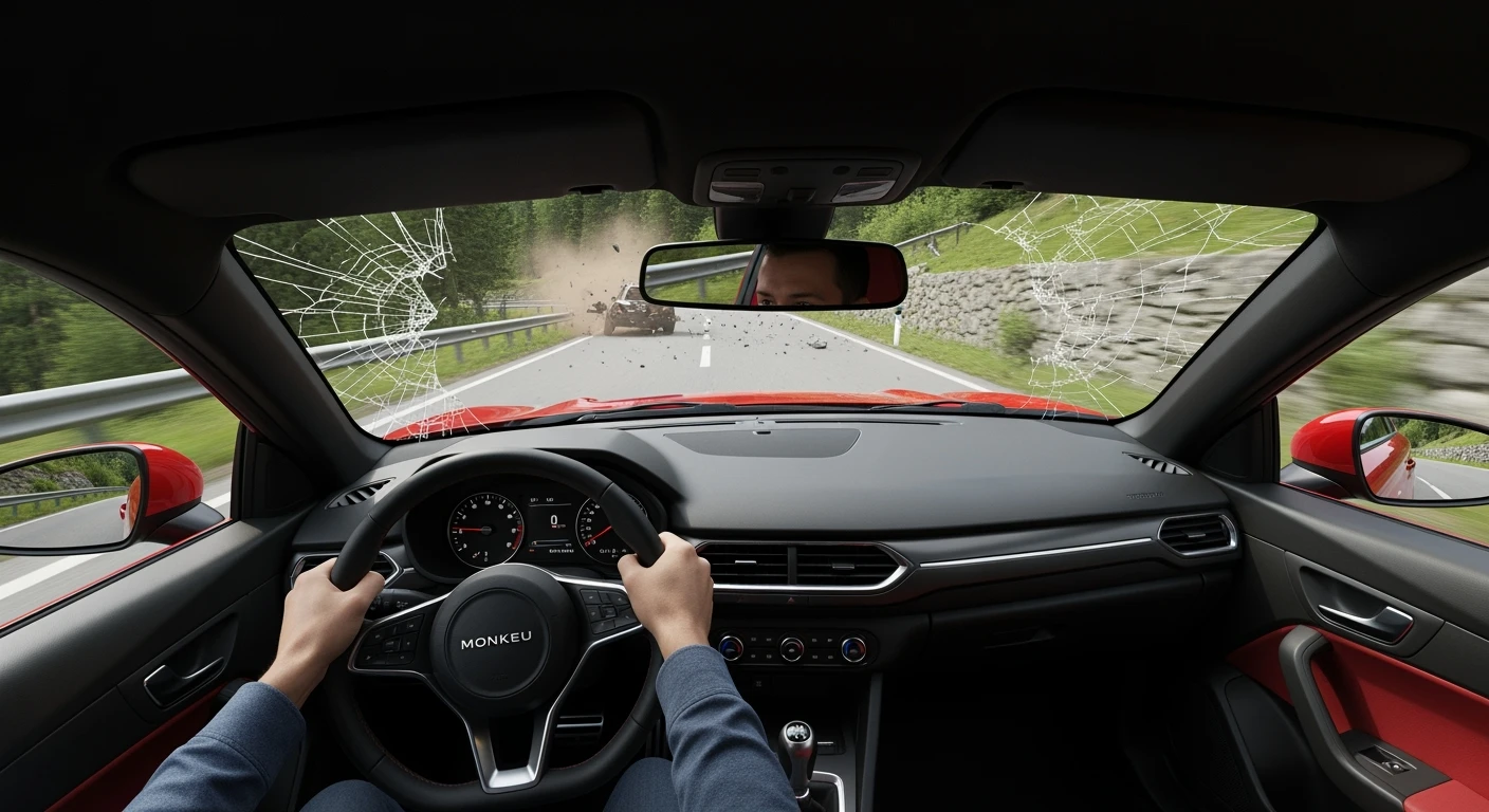 Realistic camshot pov of monkeu car (hands holding car wheel) switzerland road with car crash emoji