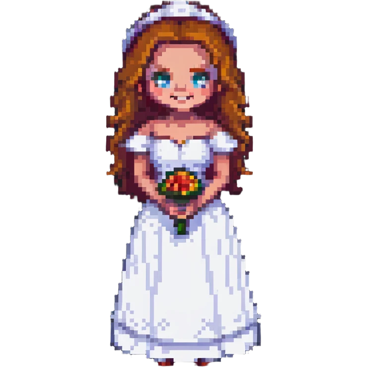 Chucky's bride in a wedding dress standing and smiling in pixel art style emoji