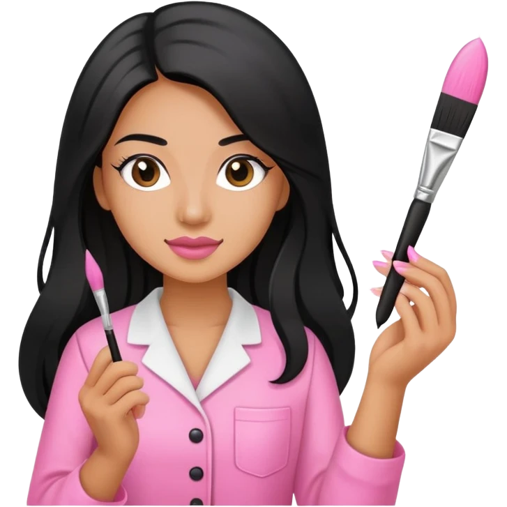 Pink Nail Tech with black long hair holding small acrylic brush emoji