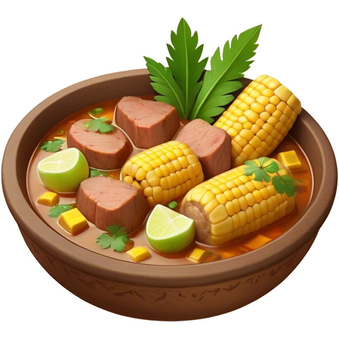 Cinematic Realistic Sancocho Antioqueño Emoji, depicting a hearty Colombian stew brimming with tender cuts of meat, yuca, plantains, corn on the cob, and potatoes in a rich, flavorful broth. Served in a rustic clay bowl with fresh cilantro and lime on the side, rendered with warm, inviting textures and homely, comforting lighting. emoji