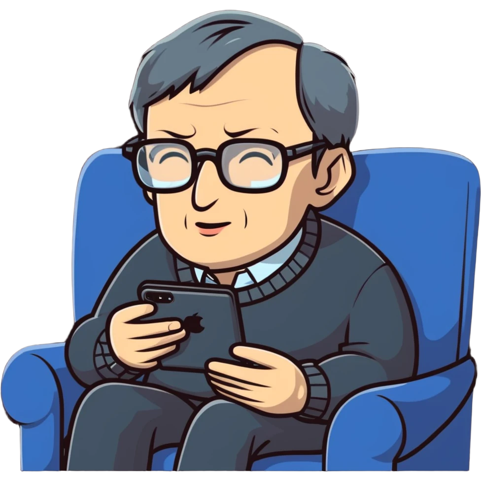 Stephen Hawking with glasses sitting on a couch playing a mobile phone game emoji