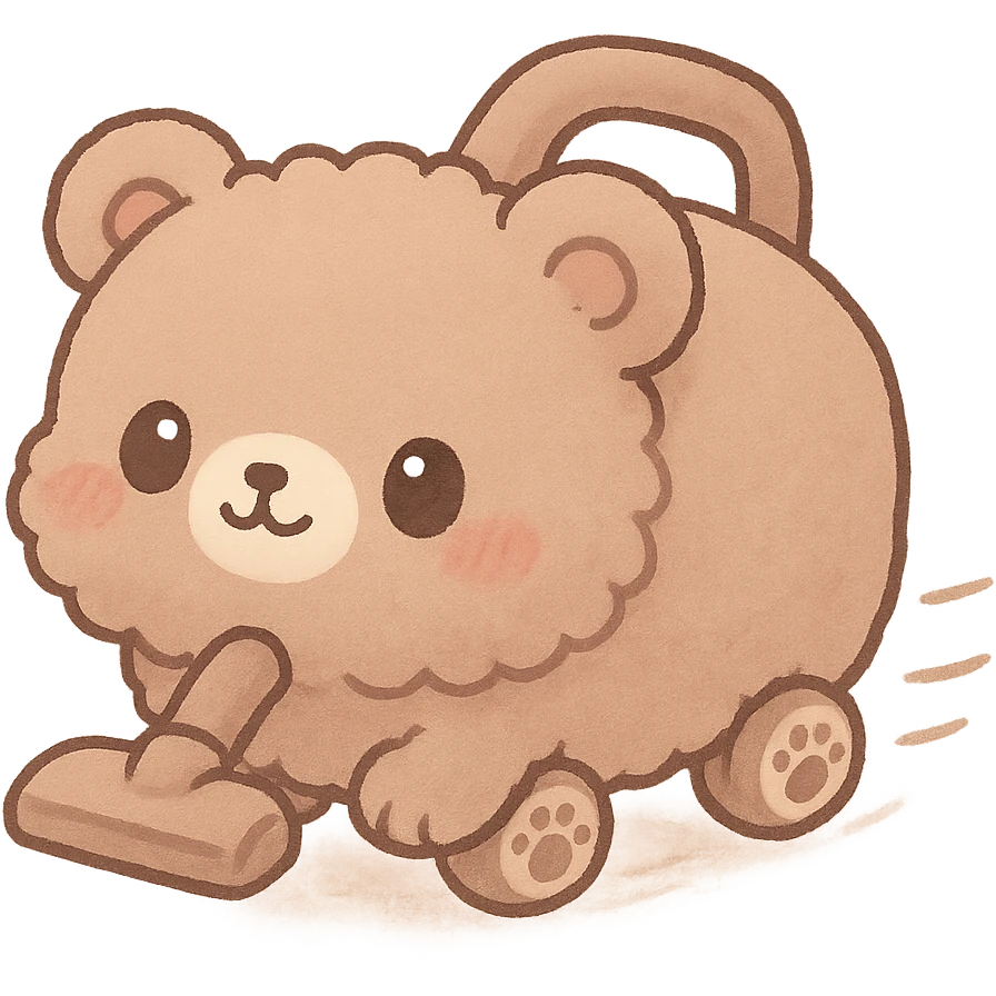 kawaii chibi fluffy bear vacuum cleaner with tiny paw wheels, rolling adorably, soft brown pastel, full-body emoji
