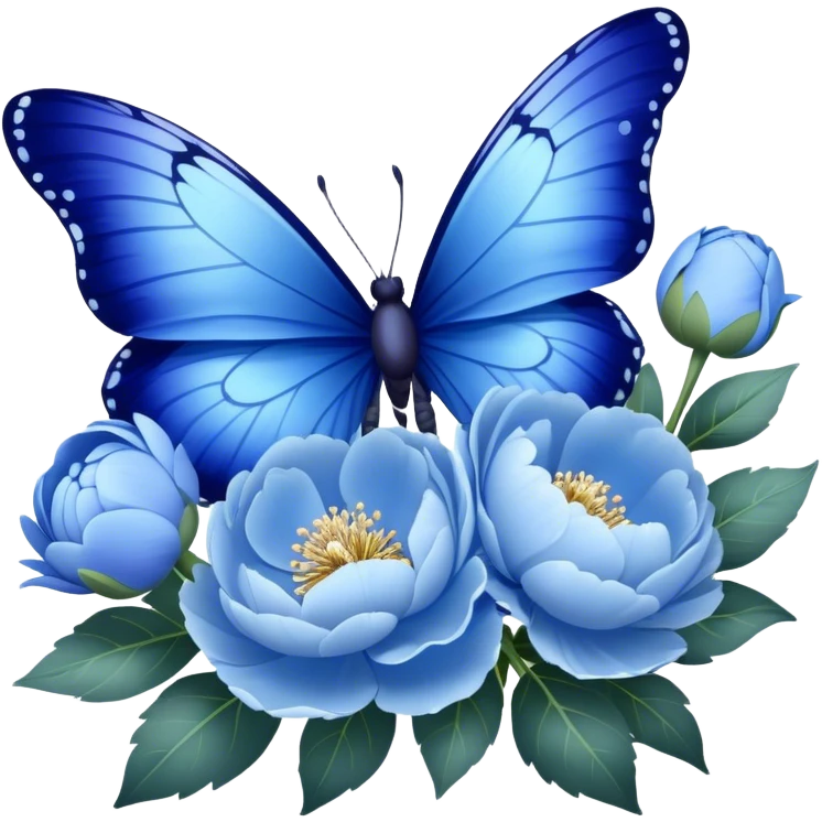 A delicate butterfly with cobalt blue and powder blue wings, its edges dusted with shimmering silver, gently perched on a cluster of blooming pastel blue peonies and deep navy pansies, their petals unfolding in the soft sunlight. emoji
