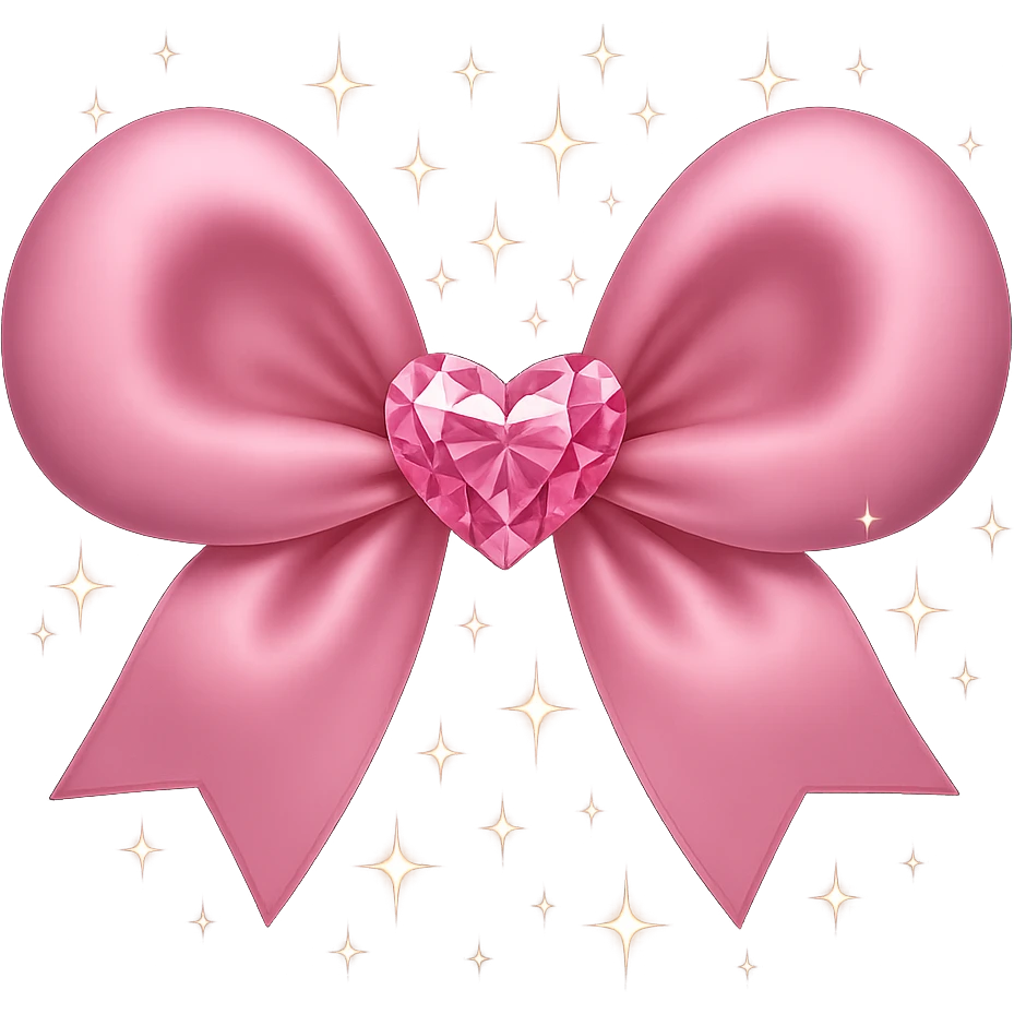 Add small sparkling stars around the sparkly pink bow with a heart in the center. Keep the background transparent. emoji