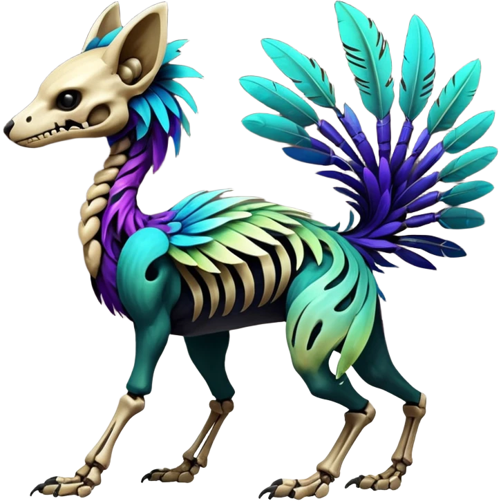 Rare colorful gradients colored realistic dark edgy glossy shiny tropical tribal patterned feathery skeletal badass epic pretty beautiful handsome gorgeous aesthetic colorful vibrant Vernid-Trico-species-Fakemon-creature by LiLaiRa, 4 legs, 1 tail, random markings, (full body) emoji