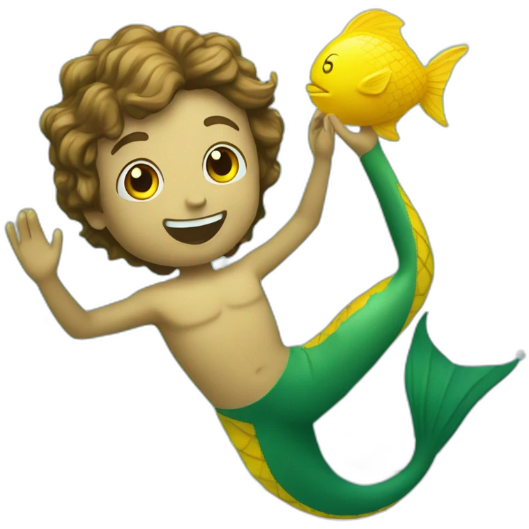 Underwater man mermaid swimming with fins, snorkel equipement, holding a small yellow ball, winning enthousiasm emoji