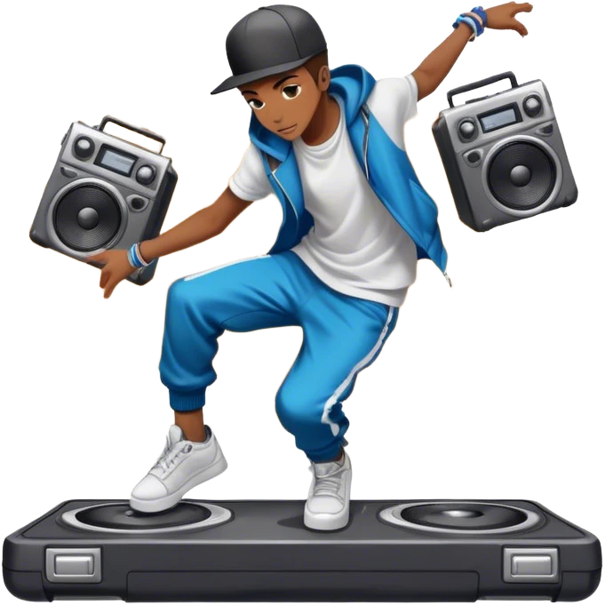 Icon for Street Dance: a dancer in urban streetwear performing a dynamic lower breakdance move, with a spray-painted background and a boombox on the asphalt. The icon should capture the energy, style, and creativity of street dance culture. Transparent background. emoji