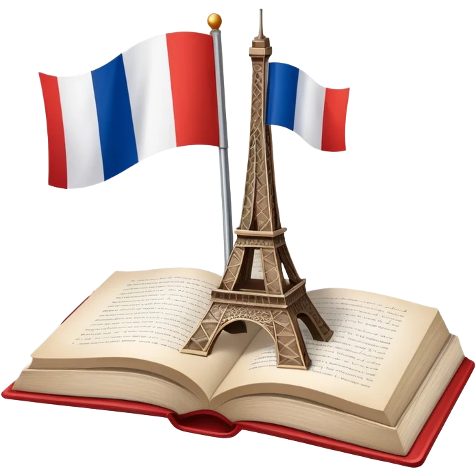 An icon featuring the flag of France, symbolizing the French language. The design includes an open book and the Eiffel Tower behind, representing language learning and cultural elegance. Transparent background highlights the beauty of French heritage. emoji