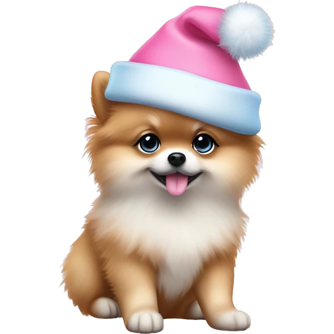 pomeranian puppy full body light blue eyes pink christmas hat on emoji