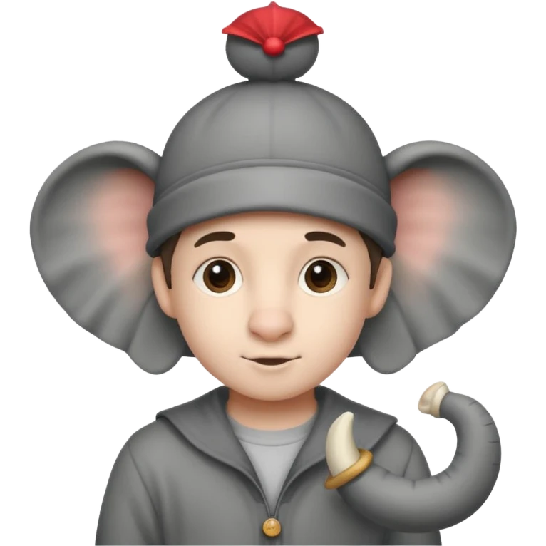 A boy that has a elephant hat that has a trunk emoji