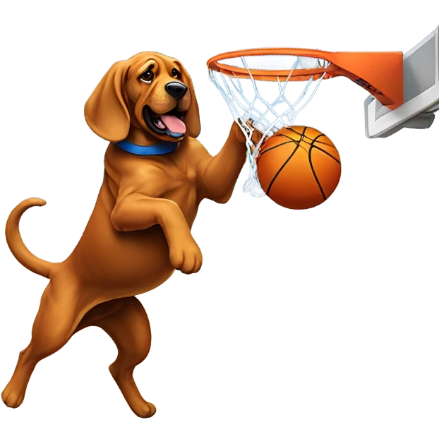 A blue and orange bloodhound dunking a basketball. emoji