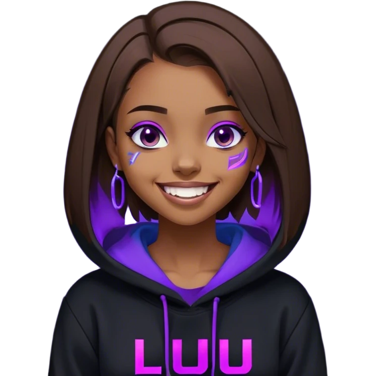brown haired girl with a bob and blue eyes wearing black hoody with violet letters "Lu", laughs. Cyberpunk style. Violet neon. emoji