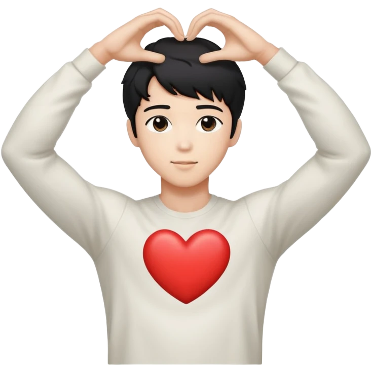 Black-haired male idol forming a heart shape with his arms above his head, arms curved to make heart outline, K-pop style emoji