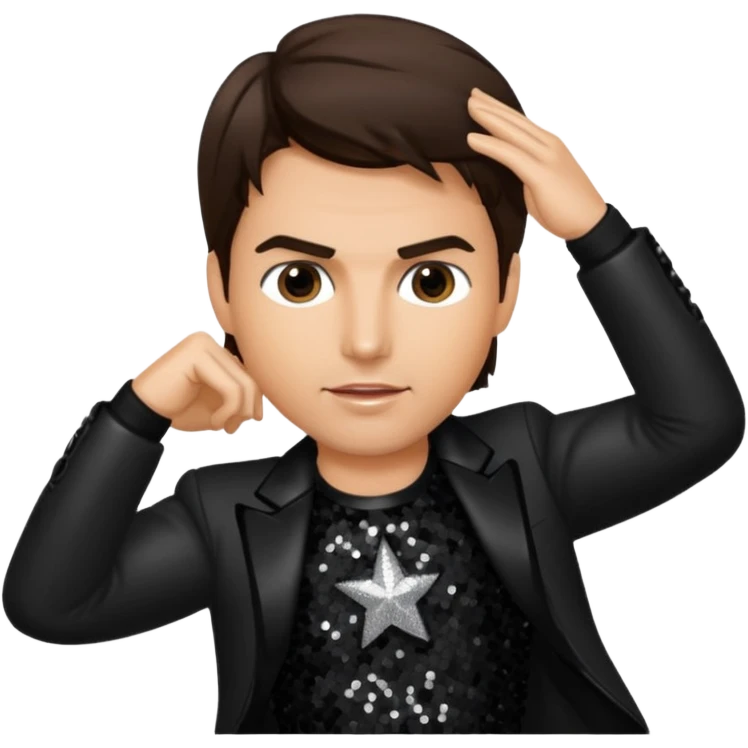 Tom Cruise with dark brown hair, black sequin outfit emoji