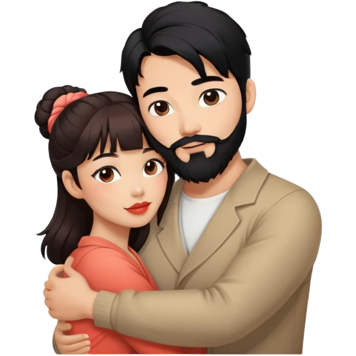 cool handsome asian man with black hair tied in bun and beard, hugging cute woman with tan skin and long wavy reddish brown hair with bangs and coral lipstick emoji