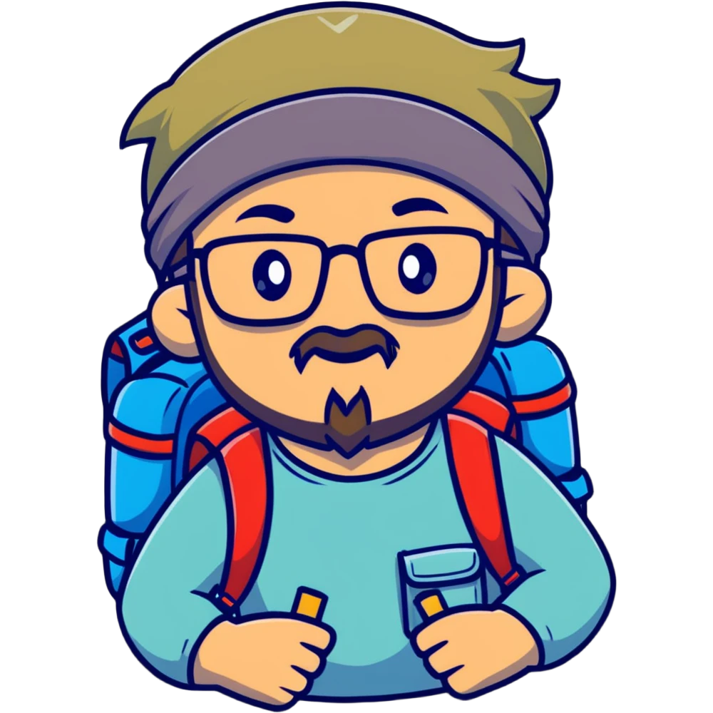 adventurer with goatee beard (no beard on cheeks), short hair, glasses, bandana on head and backpack emoji