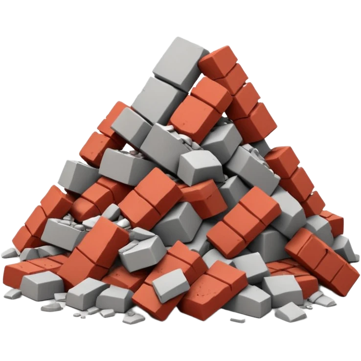 3D iPhone style emoji of a pile of bricks, roof pieces, and wall rubble, scattered and broken, isolated on white background, soft shadows, high detail, playful and cute emoji