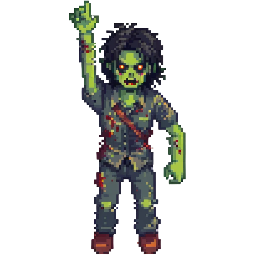 isometric zombie with one arm raised in the air and messy black hair emoji