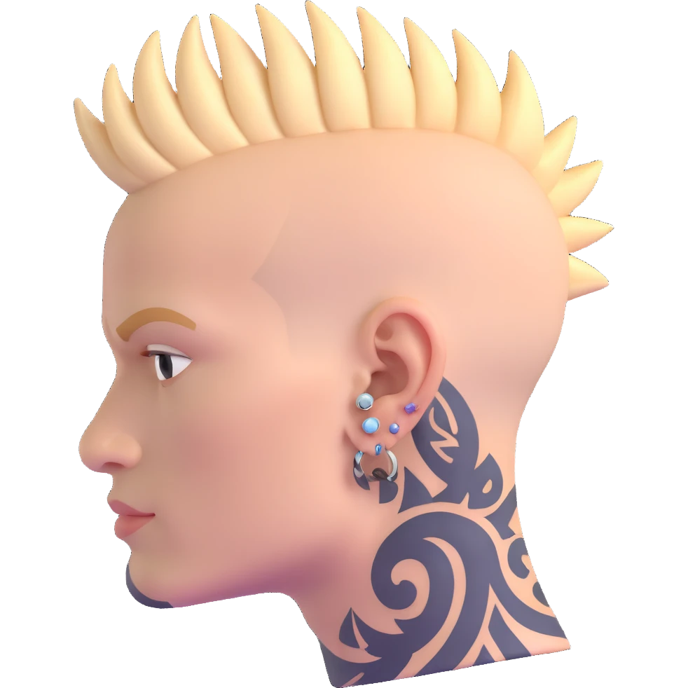 head of a white man with mohawk, earring, and head tattoo emoji