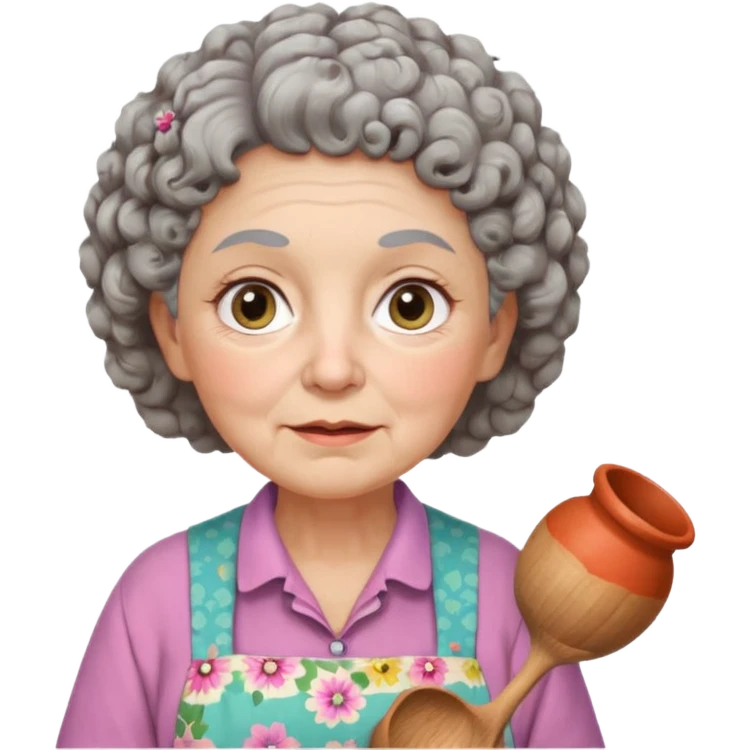 cartoon Apple iOS emoji style rural elderly woman, chubby face, short gray curly hair, flowery blouse, colorful apron, big expressive eyes, pastel colors, Chilean wooden kitchen background, clay pots, warm light, detailed and clean vector art emoji
