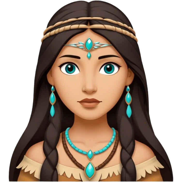 Cinematic Elegant Pocahontas Portrait Emoji, rendered in a realistic, vector-style with minimal shading and bold, simplified shapes. Depict Pocahontas (chest and above) with warm, sun-kissed skin, long, flowing dark hair, and gentle, wise eyes, wearing traditional attire in earthy tones with hints of turquoise. The image glows with a soft, natural radiance and high shine, embodying timeless indigenous beauty. emoji
