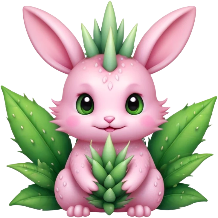 Kawaii bunny plant dragon with tiny spikes, extremely cute, giant sparkly eyes, blushing cheeks, pastel colors, small mouth, adorable expression emoji