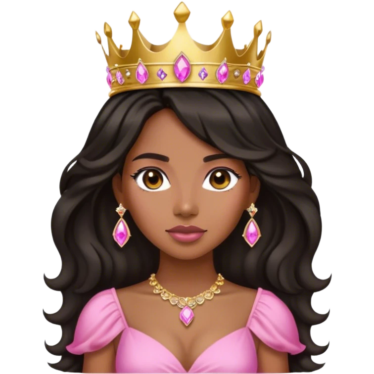 Crown TONE 4 black women with long lightly WAVY hair pink dress pink crown facing forward black hair middle age adult woman gold gems in crown gold earrings  one woman emoji
