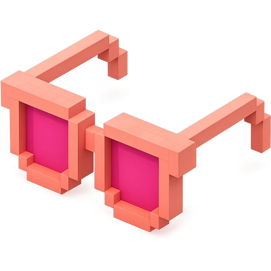 Voxel-style pink glasses with pink lenses, no background, following the silhouette from the reference image, with a different color scheme. emoji
