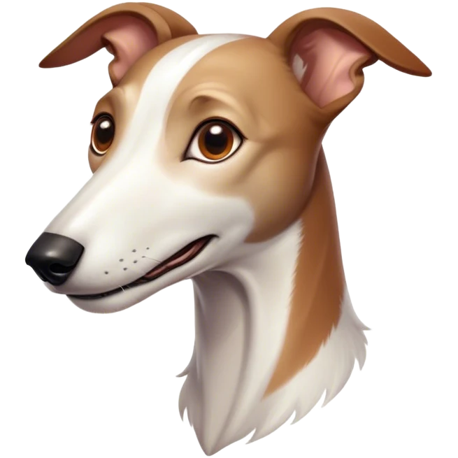 Cinematic Cute White and Brown Greyhound Portrait Emoji, Head tilted playfully and inquisitively, featuring a smooth white Fur with vibrant brown accents and round, sparkling eyes filled with curiosity, Simplified yet irresistibly adorable features, highly detailed, glowing with a warm, friendly glow, high shine, affectionate and nimble, stylized with a touch of whimsy, bright and endearing, soft glowing outline, capturing the essence of a mischievous yet loving racer, so playful it feels like it could sprint out of the screen and into your arms! emoji