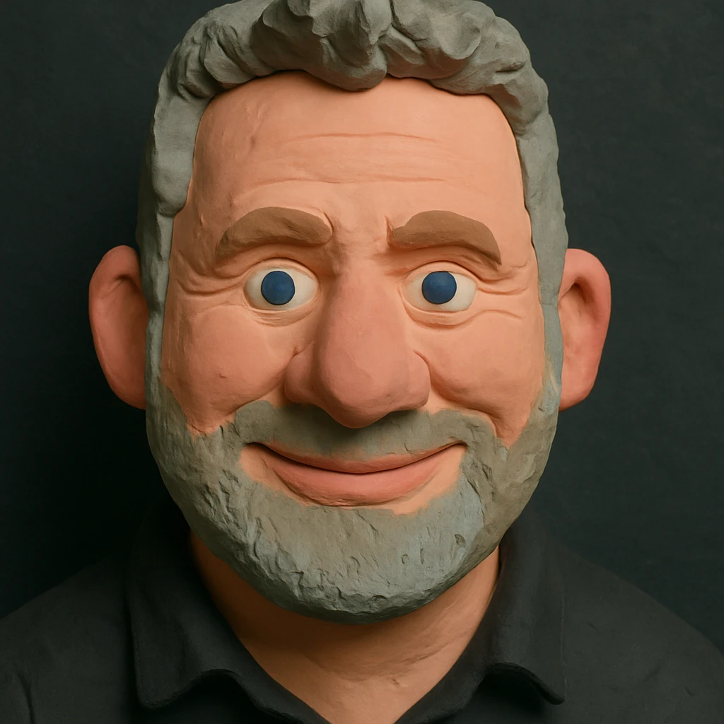 Claymation portrait of the user's face with a slightly larger forehead, friendly and confident facial expression, background in anthracite color, different lighting mood. emoji