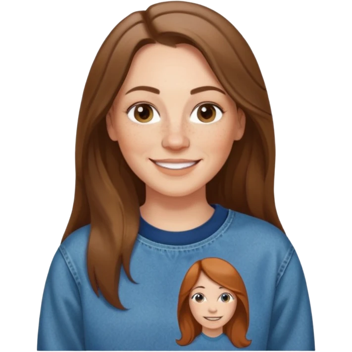 A 38 year old white woman with long brunette hair parted in the middle. She has a nose ring. She has freckles and is wearing a sweatshirt and jeans smiling emoji