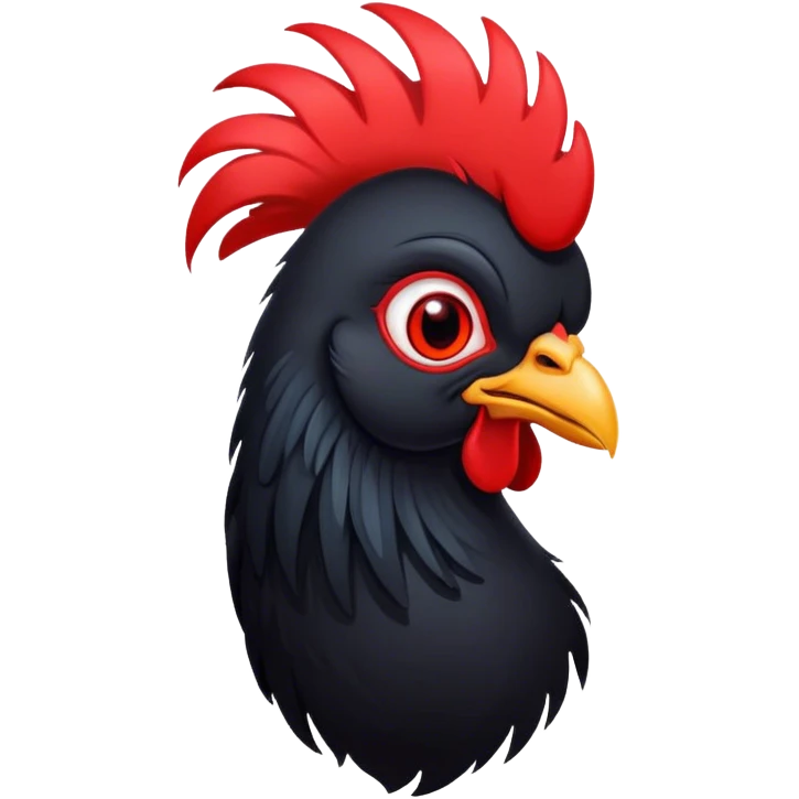 Cinematic Cute Black Rooster Portrait Emoji, Head tilted playfully and inquisitively, featuring a glossy, immaculate black plumage with a vibrant red comb, round, sparkling eyes filled with curiosity, Simplified yet irresistibly adorable features, highly detailed, glowing with a warm, friendly glow, high shine, affectionate and spirited, stylized with a touch of farmyard whimsy, bright and endearing, soft glowing outline, capturing the essence of a mischievous yet loving rooster, so playful it feels like it could strut out of the screen and into your arms! emoji